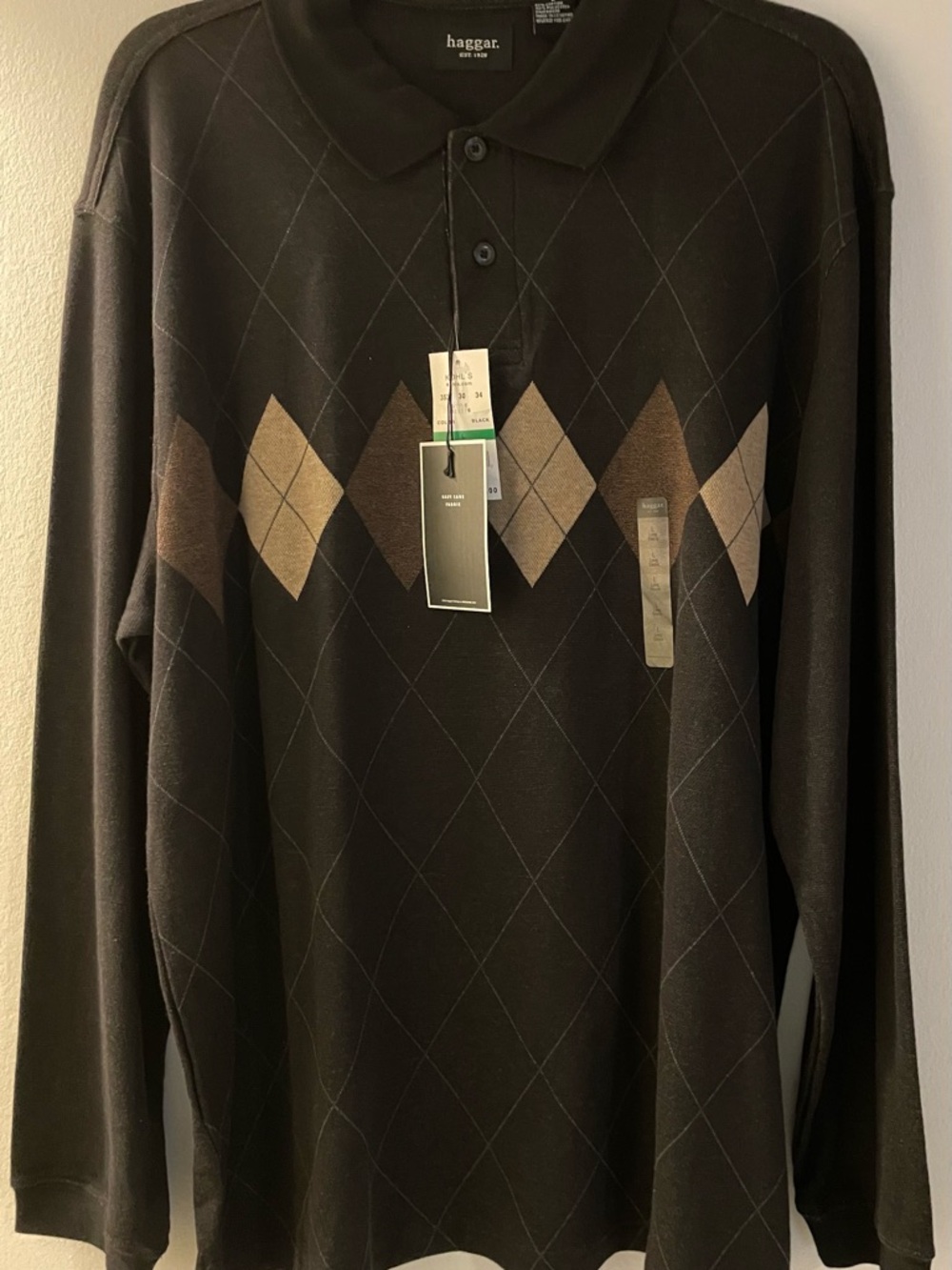 Haggar Black Long-Sleeve Argyle Polo with Brown and Tan Diamonds